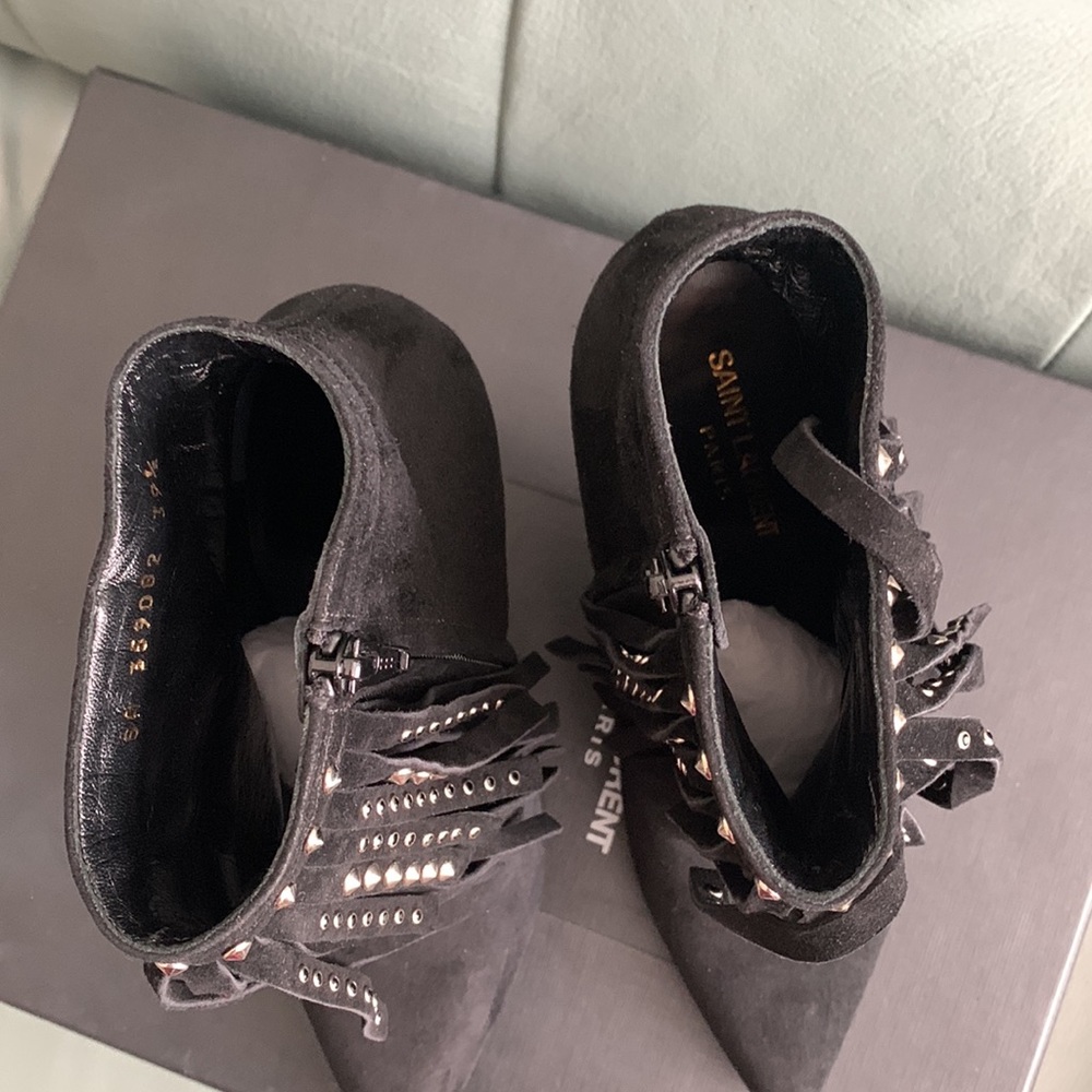 Saint Laurent Black Suede Studded-fringe Bootie - Picture 10 of 15